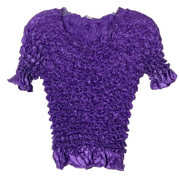 NWOT F.C Top women S/M/L Purple Crinkle Popcorn Ruched Stretch Short Sleeve - Picture 1 of 2